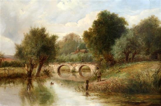 Joseph Thors (c.1835-1920) River landscape with angler and ducks, 20 x 30in.